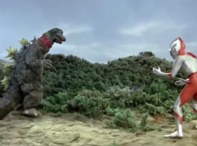 godzilla totally not jirass without the frill vs ultraman real!111!11!1!!! | made w/ Imgflip meme maker