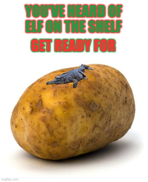 What's "taters," Precious? | YOU'VE HEARD OF
ELF ON THE SHELF; GET READY FOR | image tagged in gator,christmas,elf on the shelf,you've heard of elf on the shelf,potato | made w/ Imgflip meme maker