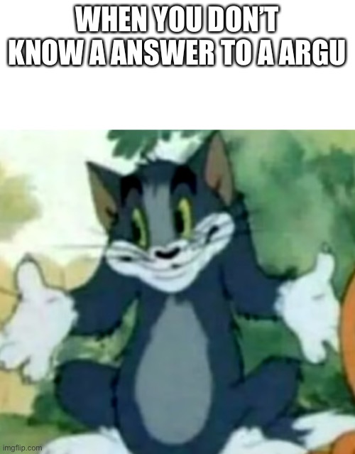Shrugging Tom | WHEN YOU DON’T KNOW A ANSWER TO A ARGUMENT | image tagged in shrugging tom,tom and jerry | made w/ Imgflip meme maker