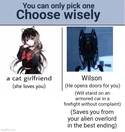 Wilson Supremacy | Wilson; (He opens doors for you); (Will stand on an armored car in a firefight without complaint); (Saves you from your alien overlord in the best ending) | image tagged in choose wisely,half life,mods,gaming | made w/ Imgflip meme maker
