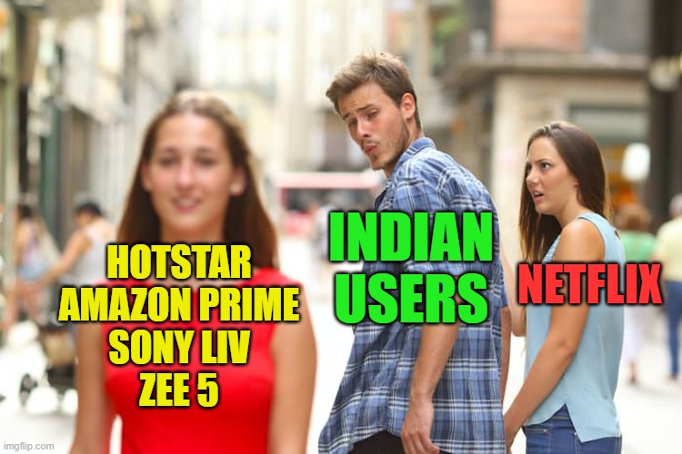 users and OTT | INDIAN 
USERS; NETFLIX; HOTSTAR
AMAZON PRIME
SONY LIV
ZEE 5 | image tagged in india,ott,life,fun,meme,funny | made w/ Imgflip meme maker