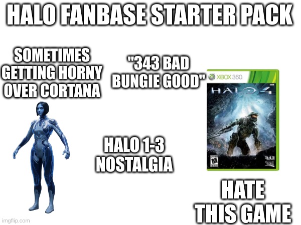 from reddit |  HALO FANBASE STARTER PACK; SOMETIMES GETTING HORNY OVER CORTANA; "343 BAD BUNGIE GOOD"; HALO 1-3 NOSTALGIA; HATE THIS GAME | image tagged in halo,starter pack | made w/ Imgflip meme maker