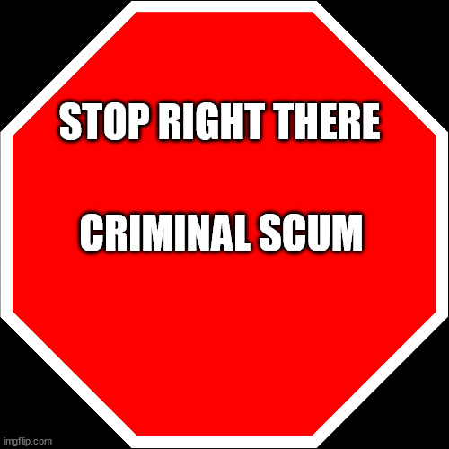 blank stop sign | STOP RIGHT THERE CRIMINAL SCUM | image tagged in blank stop sign | made w/ Imgflip meme maker