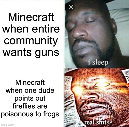 Bruh really | Minecraft when entire community wants guns; Minecraft when one dude points out fireflies are poisonous to frogs | image tagged in memes,sleeping shaq | made w/ Imgflip meme maker