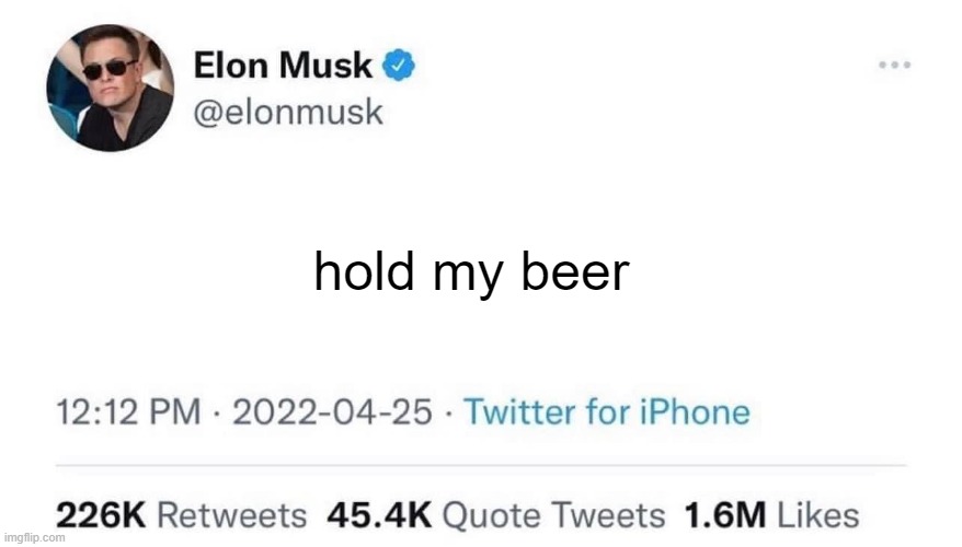 Elon Musk Buying Twitter | hold my beer | image tagged in elon musk buying twitter | made w/ Imgflip meme maker