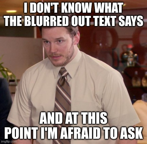 Yup,one time,I took a picture with my journal in the background and I blurred it out,well,some of it | I DON'T KNOW WHAT THE BLURRED OUT TEXT SAYS; AND AT THIS POINT I'M AFRAID TO ASK | image tagged in memes,afraid to ask andy | made w/ Imgflip meme maker