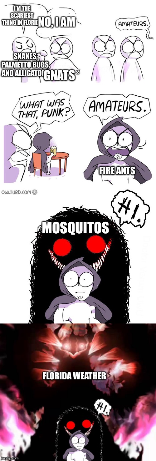 Amateurs 4.0 | I’M THE SCARIEST THING IN FLORIDA; NO, I AM; SNAKES, PALMETTO BUGS, AND ALLIGATORS; GNATS; FIRE ANTS; MOSQUITOS; FLORIDA WEATHER | image tagged in amateurs 4 0 | made w/ Imgflip meme maker