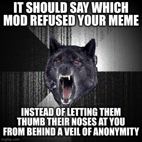 And cops should have to wear body cams. If you disagree your hitler |  IT SHOULD SAY WHICH MOD REFUSED YOUR MEME; INSTEAD OF LETTING THEM THUMB THEIR NOSES AT YOU FROM BEHIND A VEIL OF ANONYMITY | image tagged in memes,insanity wolf | made w/ Imgflip meme maker