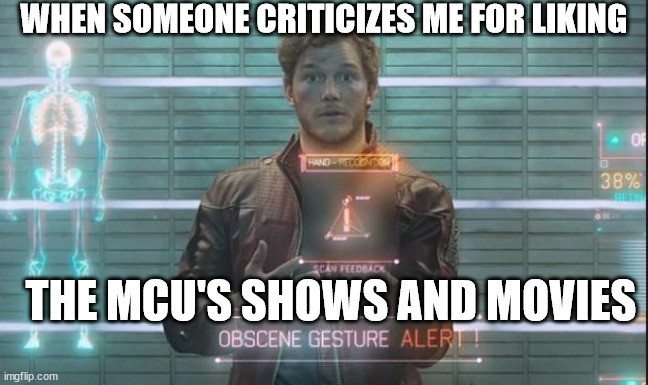 Guardians of The Galaxy: Star Lord | WHEN SOMEONE CRITICIZES ME FOR LIKING; THE MCU'S SHOWS AND MOVIES | image tagged in guardians of the galaxy star-lord | made w/ Imgflip meme maker