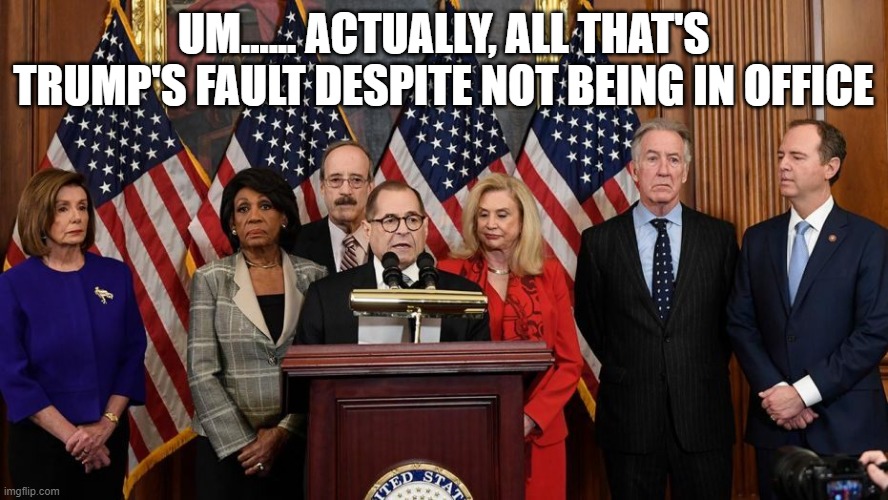 House Democrats | UM...... ACTUALLY, ALL THAT'S TRUMP'S FAULT DESPITE NOT BEING IN OFFICE | image tagged in house democrats | made w/ Imgflip meme maker