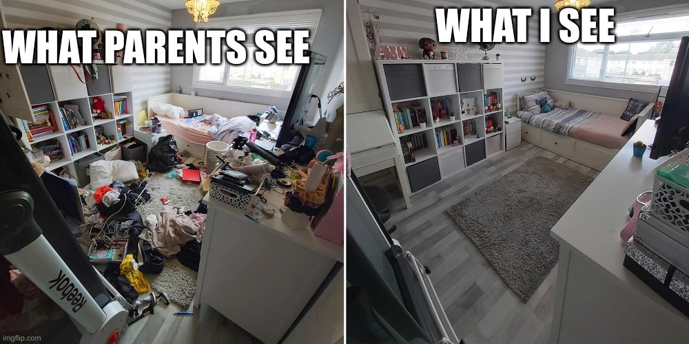 Messy Room, Clean Room | WHAT I SEE; WHAT PARENTS SEE | image tagged in messy room clean room | made w/ Imgflip meme maker