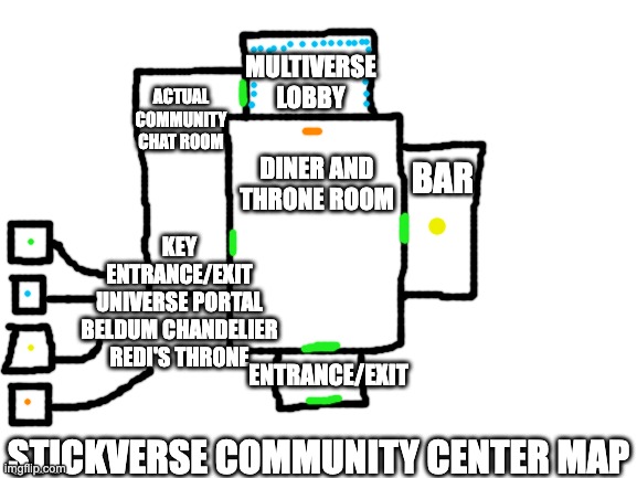 i was bored so i made a map of the stickverse community center that redi made | ACTUAL COMMUNITY CHAT ROOM; MULTIVERSE LOBBY; DINER AND THRONE ROOM; BAR; KEY
ENTRANCE/EXIT
UNIVERSE PORTAL
BELDUM CHANDELIER
REDI'S THRONE; ENTRANCE/EXIT; STICKVERSE COMMUNITY CENTER MAP | image tagged in blank white template | made w/ Imgflip meme maker