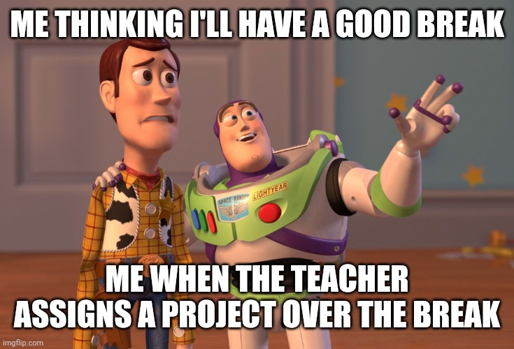 X, X Everywhere | ME THINKING I'LL HAVE A GOOD BREAK; ME WHEN THE TEACHER ASSIGNS A PROJECT OVER THE BREAK | image tagged in memes,x x everywhere | made w/ Imgflip meme maker