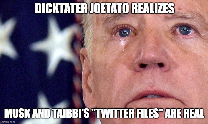 Lame duck is going to quack about MAGA. Bet on it. | DICKTATER JOETATO REALIZES; MUSK AND TAIBBI'S "TWITTER FILES" ARE REAL | image tagged in crying joe biden,democrats,liberals,woke,joe biden,crimes and misdemeanors | made w/ Imgflip meme maker