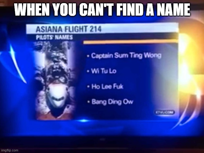 funny names | WHEN YOU CAN'T FIND A NAME | image tagged in plane crash | made w/ Imgflip meme maker