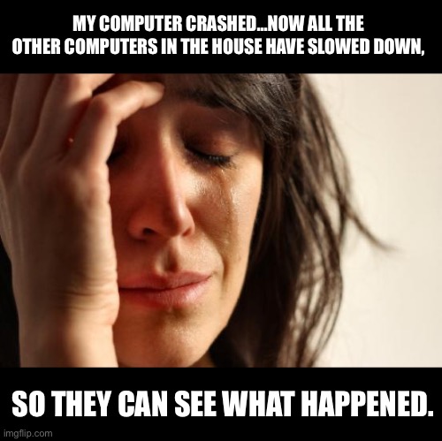 Crash in cyberspace | MY COMPUTER CRASHED...NOW ALL THE OTHER COMPUTERS IN THE HOUSE HAVE SLOWED DOWN, SO THEY CAN SEE WHAT HAPPENED. | image tagged in memes,first world problems | made w/ Imgflip meme maker