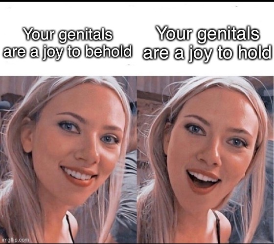 To hold or behold? | Your genitals are a joy to hold; Your genitals are a joy to behold | image tagged in smiling blonde girl,hold on,behold my stuff,genitals,joy | made w/ Imgflip meme maker