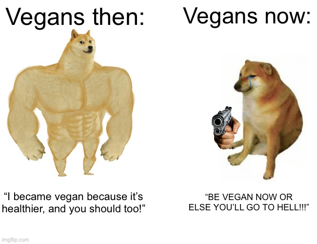 I’m talking to YOU r/veganism | Vegans then:; Vegans now:; “I became vegan because it’s healthier, and you should too!”; “BE VEGAN NOW OR ELSE YOU’LL GO TO HELL!!!” | image tagged in memes,buff doge vs cheems | made w/ Imgflip meme maker