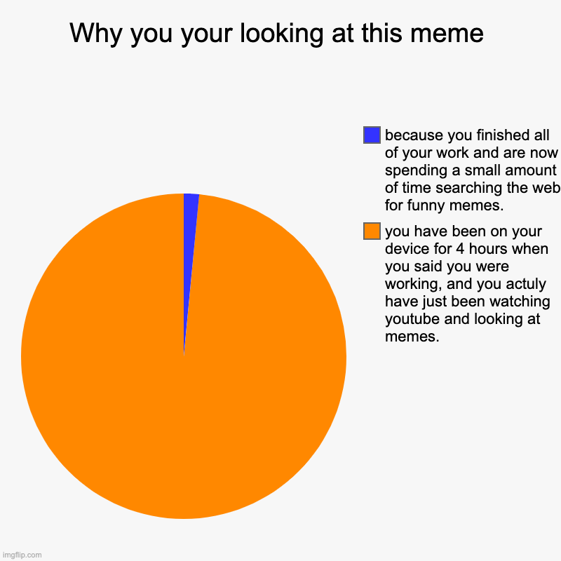 Why you your looking at this meme | you have been on your device for 4 hours when you said you were working, and you actuly have just been w | image tagged in charts,pie charts,screen,sleep deprivation creations,work,school | made w/ Imgflip chart maker
