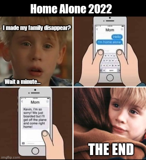 Home Alone Redux | Home Alone 2022; I made my family disappear? Wait a minute... THE END | image tagged in funny | made w/ Imgflip meme maker