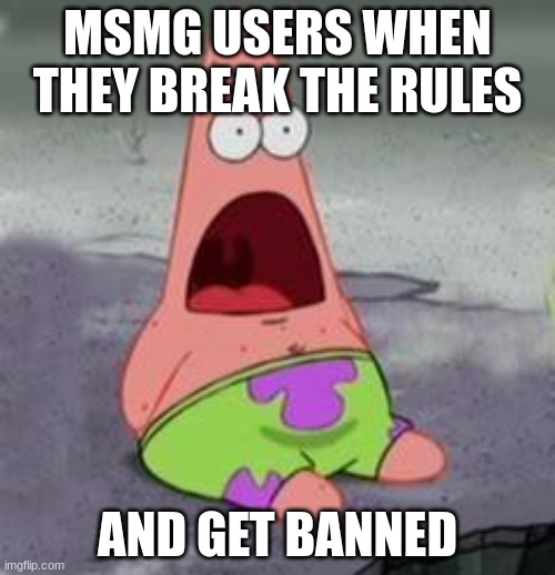 Suprised Patrick | MSMG USERS WHEN THEY BREAK THE RULES; AND GET BANNED | image tagged in suprised patrick | made w/ Imgflip meme maker