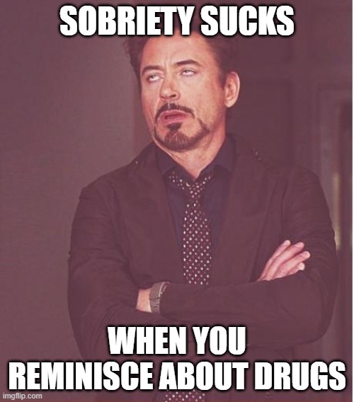 Face You Make Robert Downey Jr | SOBRIETY SUCKS; WHEN YOU REMINISCE ABOUT DRUGS | image tagged in memes,face you make robert downey jr | made w/ Imgflip meme maker