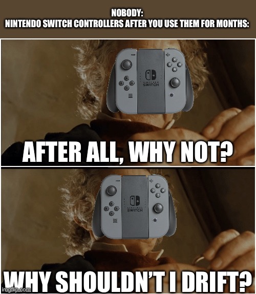 So True |  NOBODY:
NINTENDO SWITCH CONTROLLERS AFTER YOU USE THEM FOR MONTHS:; AFTER ALL, WHY NOT? WHY SHOULDN’T I DRIFT? | image tagged in bilbo - why shouldn t i keep it,nintendo,nintendo switch,controller,memes,relatable | made w/ Imgflip meme maker