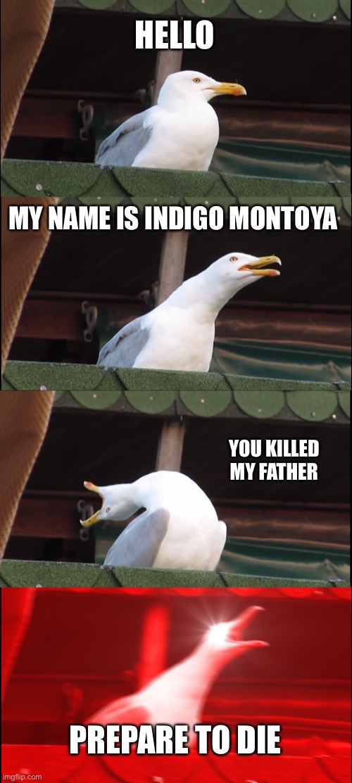 Prince groom | HELLO; MY NAME IS INDIGO MONTOYA; YOU KILLED MY FATHER; PREPARE TO DIE | image tagged in memes,inhaling seagull | made w/ Imgflip meme maker