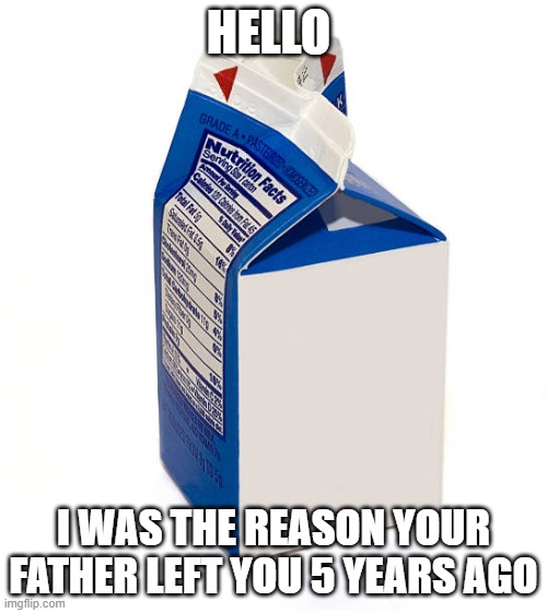 Everybody these days | HELLO; I WAS THE REASON YOUR FATHER LEFT YOU 5 YEARS AGO | image tagged in milk carton | made w/ Imgflip meme maker