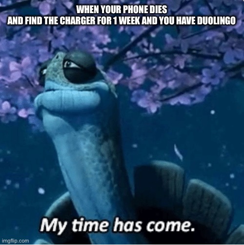 Duolingo |  WHEN YOUR PHONE DIES AND FIND THE CHARGER FOR 1 WEEK AND YOU HAVE DUOLINGO | image tagged in my time has come | made w/ Imgflip meme maker