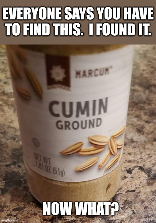 Cumin ground | EVERYONE SAYS YOU HAVE TO FIND THIS.  I FOUND IT. NOW WHAT? | image tagged in common ground,play on words,eyeroll,sorry not sorry | made w/ Imgflip meme maker