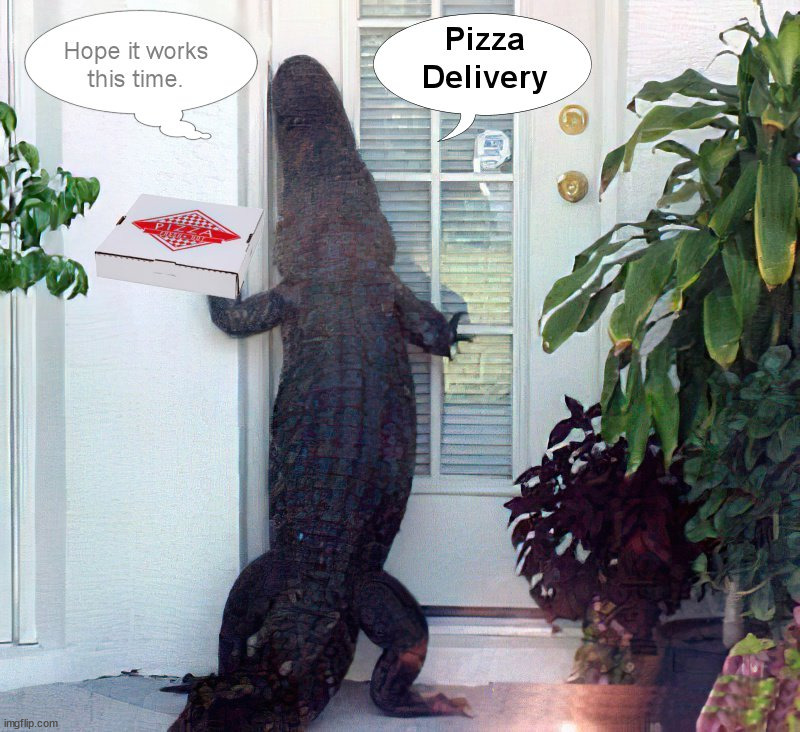 Oh, well ... It's a Living | image tagged in alligator,pizza delivery | made w/ Imgflip meme maker