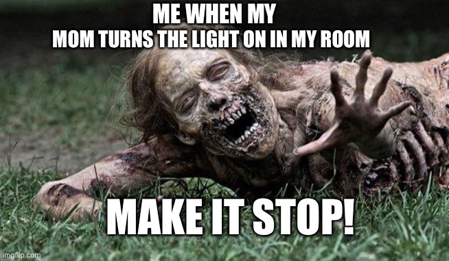 Walking Dead Zombie | ME WHEN MY; MOM TURNS THE LIGHT ON IN MY ROOM; MAKE IT STOP! | image tagged in walking dead zombie | made w/ Imgflip meme maker