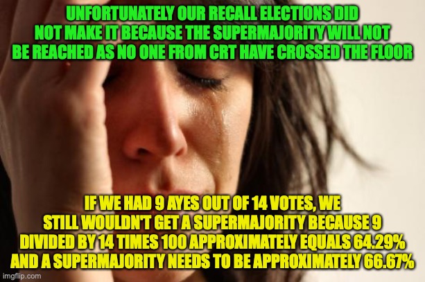 Make sure to vote Choose the Left at the end of the month and beyond | UNFORTUNATELY OUR RECALL ELECTIONS DID NOT MAKE IT BECAUSE THE SUPERMAJORITY WILL NOT BE REACHED AS NO ONE FROM CRT HAVE CROSSED THE FLOOR; IF WE HAD 9 AYES OUT OF 14 VOTES, WE STILL WOULDN'T GET A SUPERMAJORITY BECAUSE 9 DIVIDED BY 14 TIMES 100 APPROXIMATELY EQUALS 64.29% AND A SUPERMAJORITY NEEDS TO BE APPROXIMATELY 66.67% | image tagged in memes,first world problems,recall elections,bill,not,passing | made w/ Imgflip meme maker