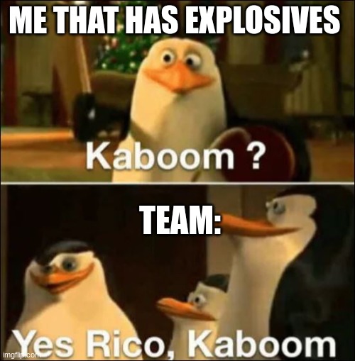 Kaboom? Yes rico kaboom | ME THAT HAS EXPLOSIVES; TEAM: | image tagged in kaboom yes rico kaboom | made w/ Imgflip meme maker