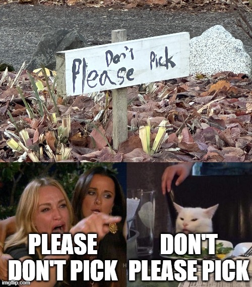 So what does the sign say? | DON'T PLEASE PICK; PLEASE DON'T PICK | image tagged in memes,woman yelling at cat | made w/ Imgflip meme maker