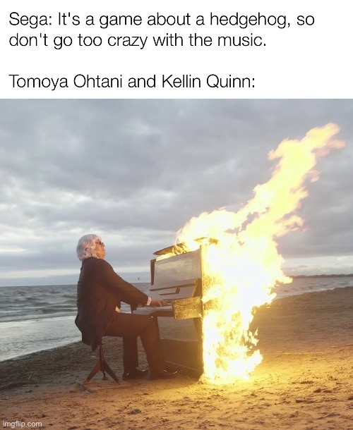 Forge a new frontier boi | image tagged in playing flaming piano,sonic frontiers,sonic | made w/ Imgflip meme maker