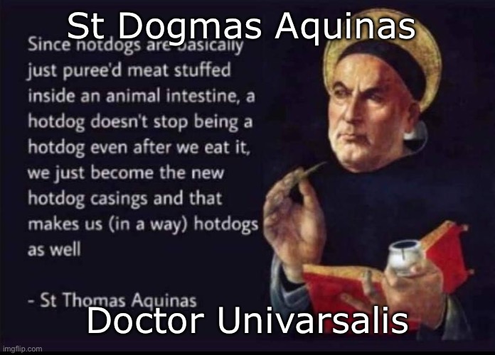 St. Thomas Aquinas hot dogs | St Dogmas Aquinas; Doctor Univarsalis | image tagged in st thomas aquinas hot dogs,dogs,bad pun | made w/ Imgflip meme maker