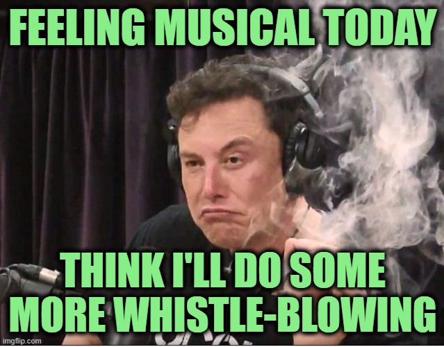 Elon Musk smoking a joint |  FEELING MUSICAL TODAY; THINK I'LL DO SOME MORE WHISTLE-BLOWING | image tagged in elon musk smoking a joint | made w/ Imgflip meme maker