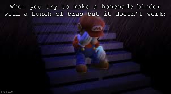 S a h d | When you try to make a homemade binder with a bunch of bras but it doesn’t work: | image tagged in sad mario | made w/ Imgflip meme maker