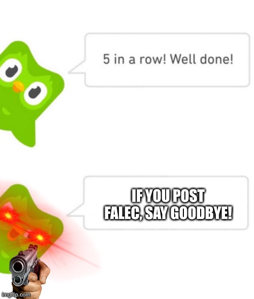 Remember Kids, Falec Is Inappropriate for all ages | IF YOU POST FALEC, SAY GOODBYE! | image tagged in duolingo 5 in a row,memes,falec sucks,duolingo,falec,duolingo bird | made w/ Imgflip meme maker