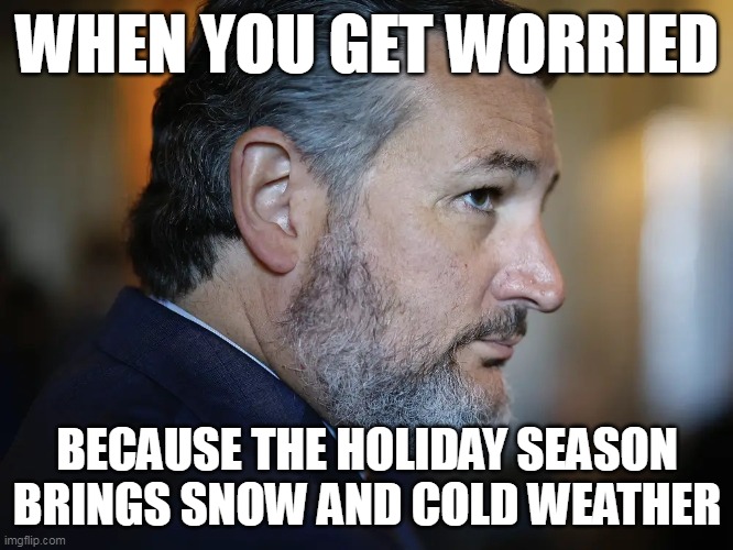 when you get worried because the holiday season brings snow and cold weather | WHEN YOU GET WORRIED; BECAUSE THE HOLIDAY SEASON BRINGS SNOW AND COLD WEATHER | image tagged in ted cruz,politics,funny,holidays,snow,cancun | made w/ Imgflip meme maker