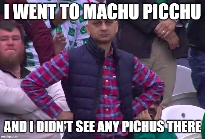 I just wanted a Pichu :( | I WENT TO MACHU PICCHU; AND I DIDN'T SEE ANY PICHUS THERE | image tagged in disappointed man | made w/ Imgflip meme maker