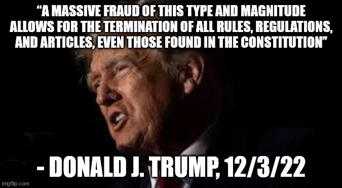 AUTHORITARIAN DICTATOR TRUMP |  “A MASSIVE FRAUD OF THIS TYPE AND MAGNITUDE ALLOWS FOR THE TERMINATION OF ALL RULES, REGULATIONS, AND ARTICLES, EVEN THOSE FOUND IN THE CONSTITUTION”; - DONALD J. TRUMP, 12/3/22 | image tagged in donald trump,dictator | made w/ Imgflip meme maker