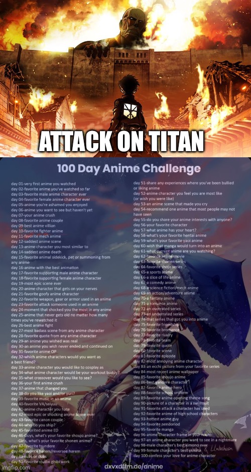 Day 11 | ATTACK ON TITAN | image tagged in attack on titan,100 day anime challenge | made w/ Imgflip meme maker