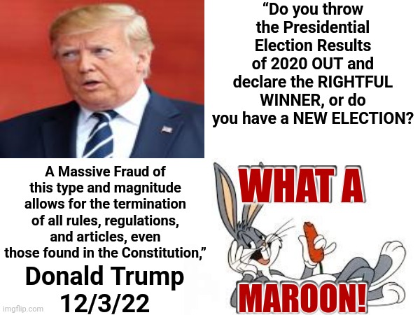 What A Maroon | “Do you throw the Presidential Election Results of 2020 OUT and declare the RIGHTFUL WINNER, or do you have a NEW ELECTION? A Massive Fraud of this type and magnitude allows for the termination of all rules, regulations, and articles, even those found in the Constitution,”; WHAT A; Donald Trump
12/3/22; MAROON! | image tagged in trump is a moron,moron,trump is a traitor,lock him up,trump lies,memes | made w/ Imgflip meme maker