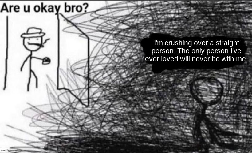 it hurts man | I'm crushing over a straight person. The only person I've ever loved will never be with me. | image tagged in are you ok bro | made w/ Imgflip meme maker