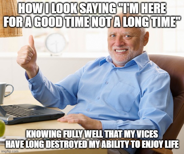 Hide the pain harold | HOW I LOOK SAYING "I'M HERE FOR A GOOD TIME NOT A LONG TIME"; KNOWING FULLY WELL THAT MY VICES HAVE LONG DESTROYED MY ABILITY TO ENJOY LIFE | image tagged in hide the pain harold,2meirl4meirl | made w/ Imgflip meme maker