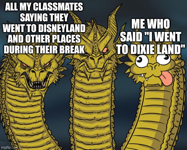 It wasn't an accident | ALL MY CLASSMATES SAYING THEY WENT TO DISNEYLAND AND OTHER PLACES DURING THEIR BREAK; ME WHO SAID "I WENT TO DIXIE LAND" | image tagged in three-headed dragon | made w/ Imgflip meme maker