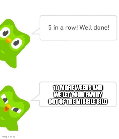 Why did it have to be a missile silo? | 10 MORE WEEKS AND WE LET YOUR FAMILY OUT OF THE MISSILE SILO | image tagged in duolingo 5 in a row | made w/ Imgflip meme maker